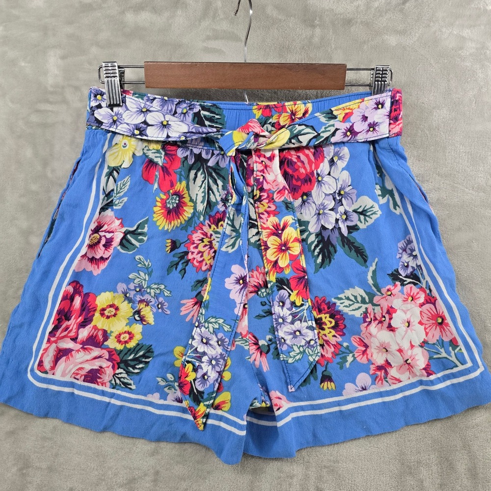 Maeve Women Small Shorts Blue Scarf-Printed Floral High Waist Tie Viscose